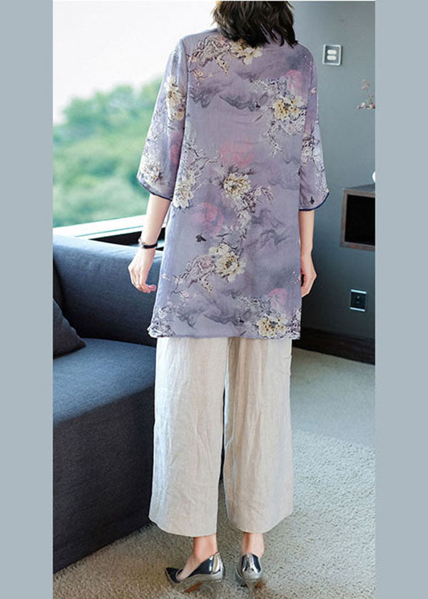 Casual Purple Stand Collar Print Linen Long Shirt Ang Pant Two Piece Set Summer