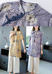 Casual Purple Stand Collar Print Linen Long Shirt Ang Pant Two Piece Set Summer