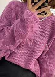 Casual Purple Tulle Patchwork Nail bead Fall Knit sweaters