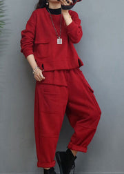 Casual Red Cinched Patchwork Warm Fleece Damen Sets 2 Stück Winter