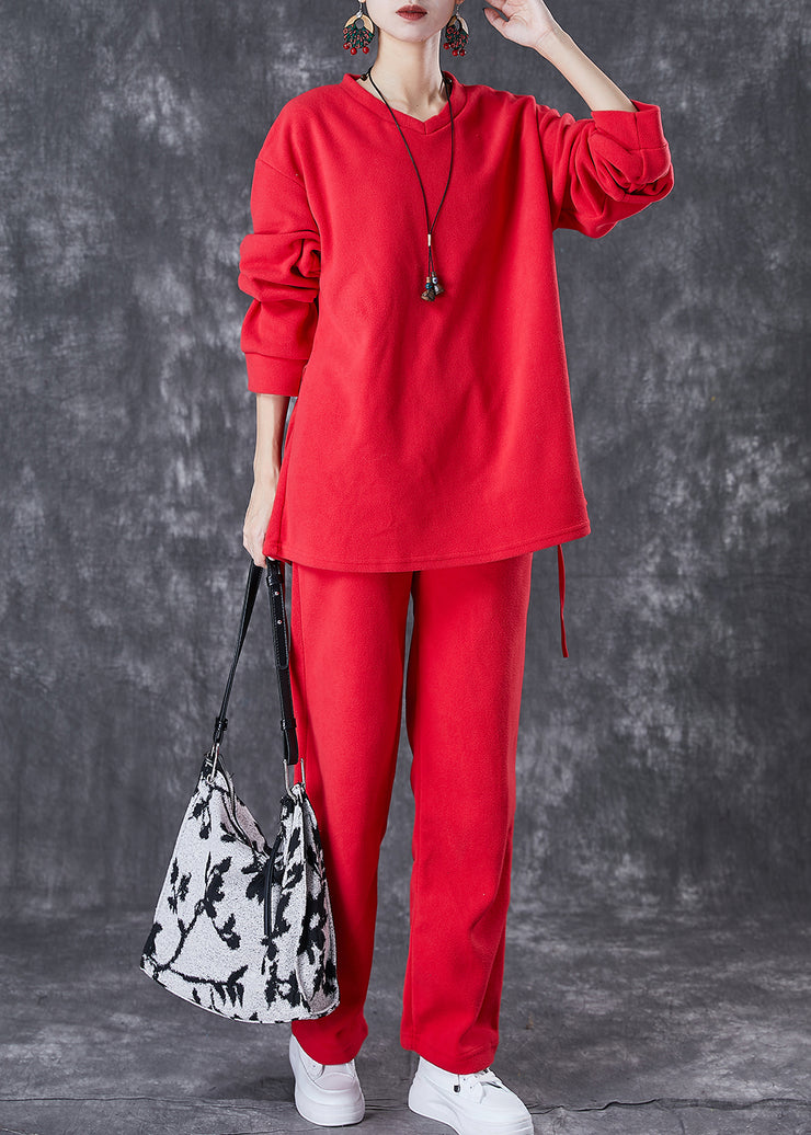 Casual Red Oversized Drawstring Velour Women Sets 2 Pieces Fall