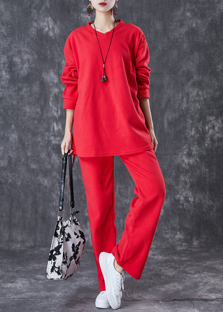 Casual Red Oversized Drawstring Velour Women Sets 2 Pieces Fall