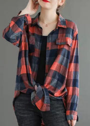 Casual Red Pockets Peter Pan Collar Plaid Button Shirt Long sleeve