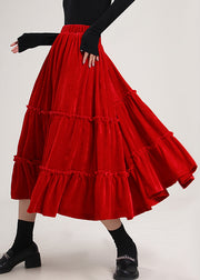 Casual Red Ruffled Patchwork Silk Velour Skirt Spring