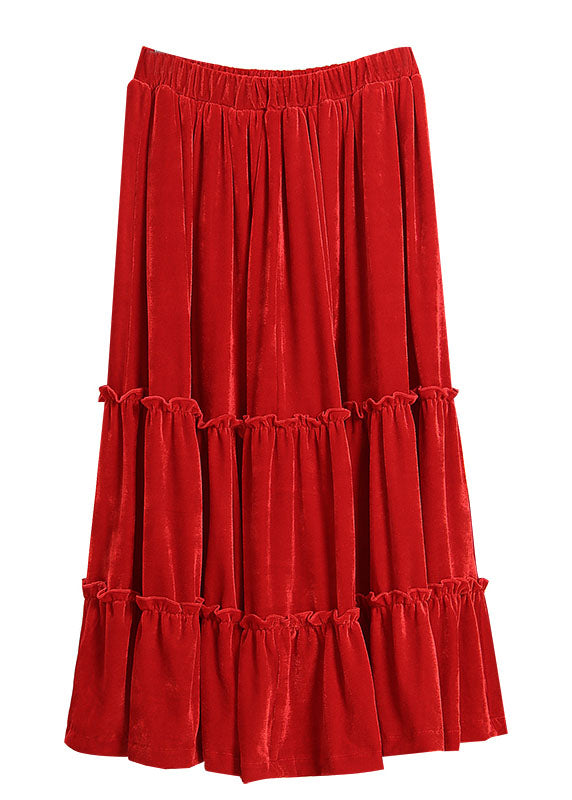 Casual Red Ruffled Patchwork Silk Velour Skirt Spring