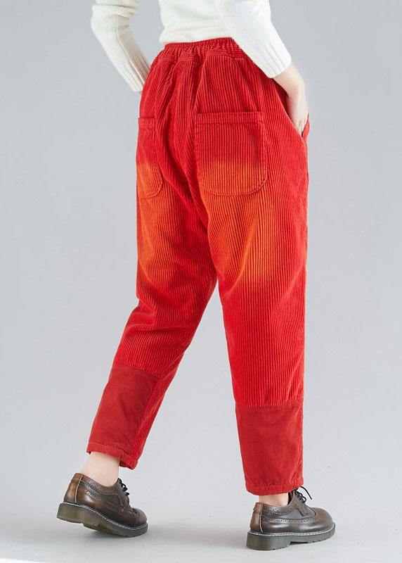 Casual Red retro Colorblock Tie Waist Fall Corduroy Pants - bagstylebliss