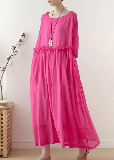 Casual Rose O-Neck Ruffled Long Dress Summer Chiffon Dress - bagstylebliss