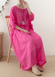 Casual Rose O-Neck Ruffled Long Dress Summer Chiffon Dress - bagstylebliss