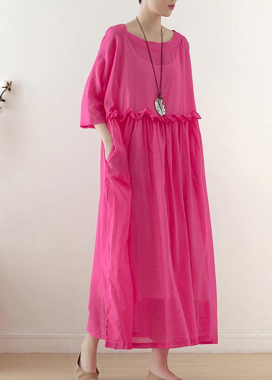 Casual Rose O-Neck Ruffled Long Dress Summer Chiffon Dress - bagstylebliss