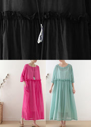 Casual Rose O-Neck Ruffled Long Dress Summer Chiffon Dress - bagstylebliss