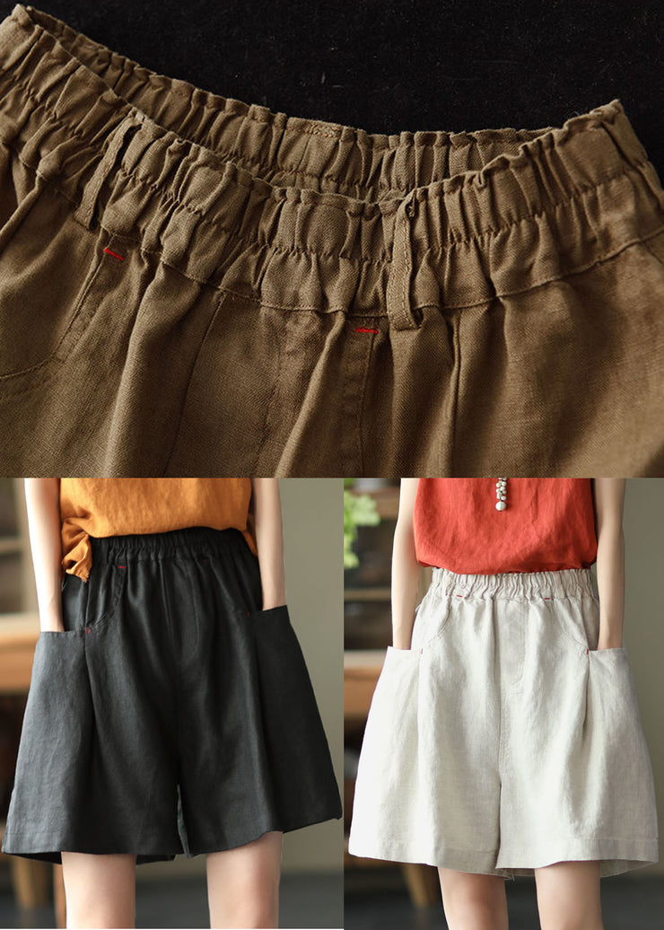 Casual Solid Black Elastic Waist Linen Shorts Trousers Summer