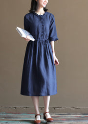 Casual Tibetan Blue Drawstring Ruffled Button Linen Long Dress Half Sleeve