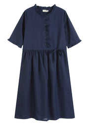 Casual Tibetan Blue Drawstring Ruffled Button Linen Long Dress Half Sleeve