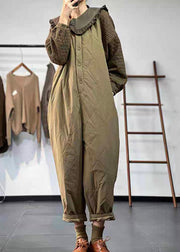 Casual Versatile Green Coffee Button Fine Cotton Filled Jumpsuit Winter