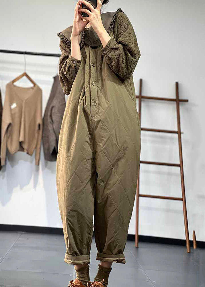 Casual Versatile Green Coffee Button Fine Cotton Filled Jumpsuit Winter