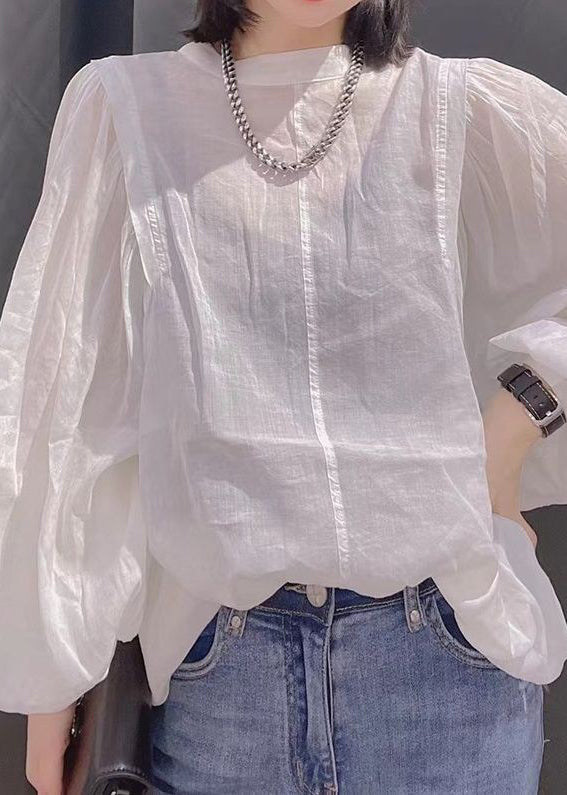 Casual Versatile White O Neck Cotton Tops Lantern Sleeve