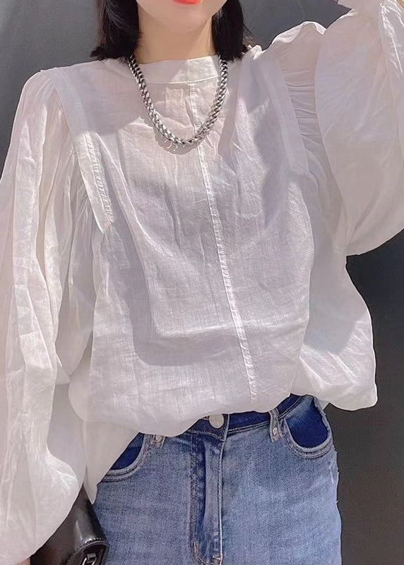 Casual Versatile White O Neck Cotton Tops Lantern Sleeve