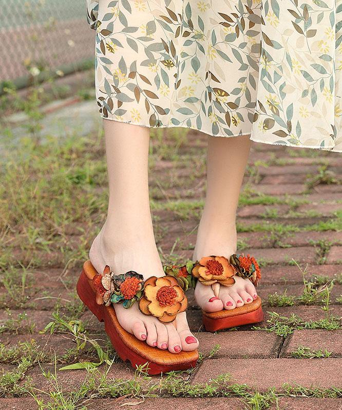 Casual Wedge Thong Sandals Orange Cowhide Leather Flip Flops - bagstylebliss