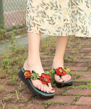 Casual Wedge Thong Sandals Orange Cowhide Leather Flip Flops - bagstylebliss