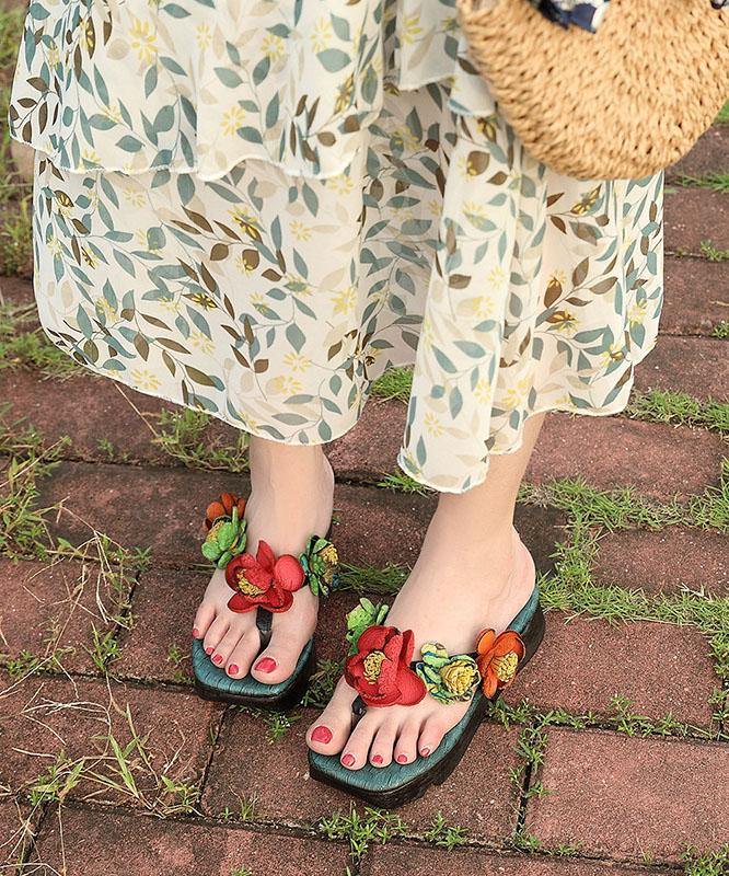 Casual Wedge Thong Sandals Orange Cowhide Leather Flip Flops - bagstylebliss