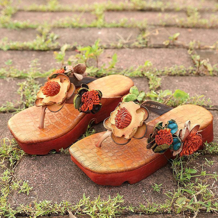 Casual Wedge Thong Sandals Orange Cowhide Leather Flip Flops - bagstylebliss