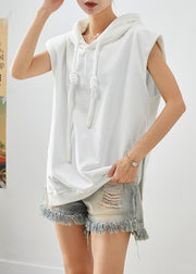 Casual White Hooded Drawstring Side Open Cotton Sweatshirts Top Sleeveless