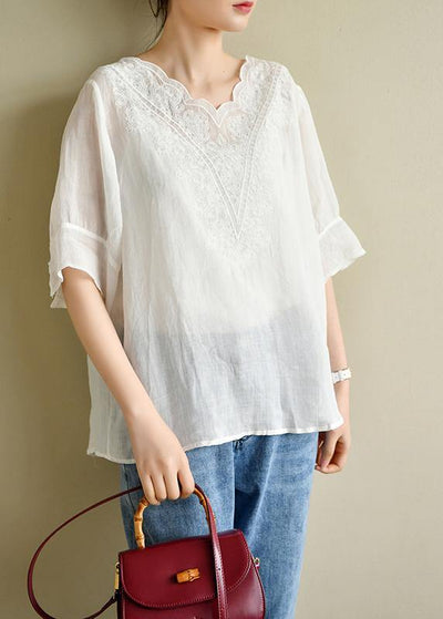 Casual White Lace Linen Short Sleeve Blouses - bagstylebliss