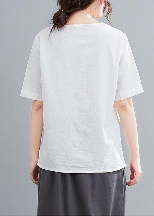 Casual White O-Neck Button Shirt Tops Summer Cotton Linen - bagstylebliss