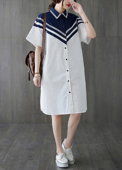 Casual White Patchwork long shirts Summer Cotton Dress - bagstylebliss