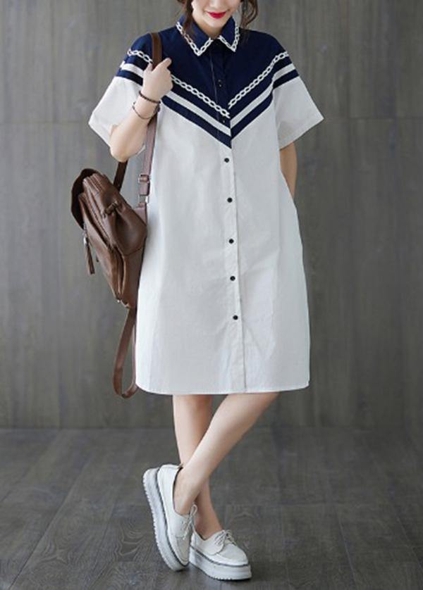 Casual White Patchwork long shirts Summer Cotton Dress - bagstylebliss