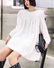 Casual White Puff Sleeve Holiday Summer Cotton Dress - bagstylebliss