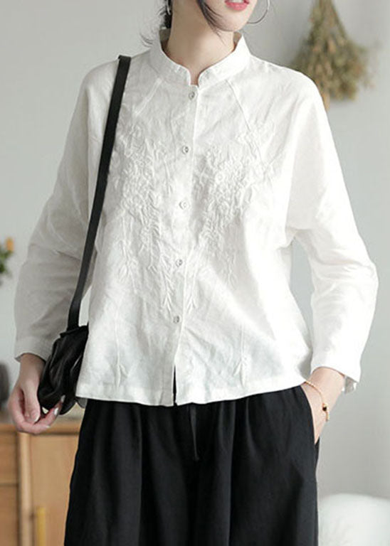 Casual White Stand Collar button Embroidered Shirt Top Long Sleeve