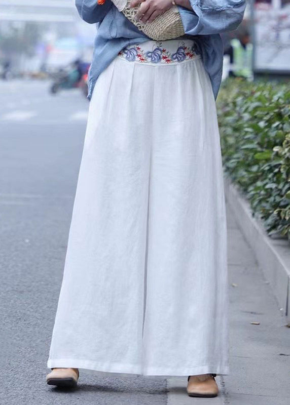 Casual White wrinkled Embroideried Linen wide leg Pants Spring