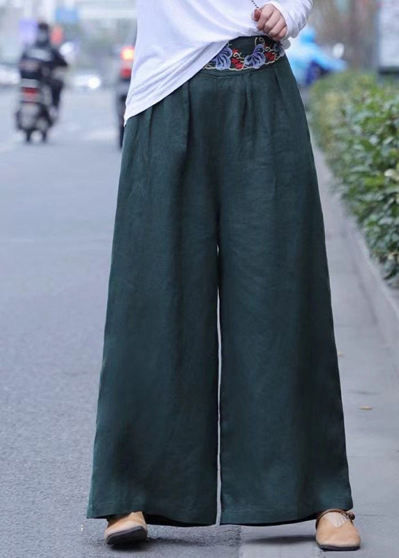 Casual White wrinkled Embroideried Linen wide leg Pants Spring