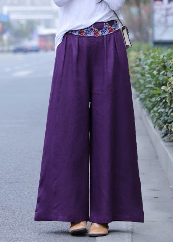 Casual White wrinkled Embroideried Linen wide leg Pants Spring