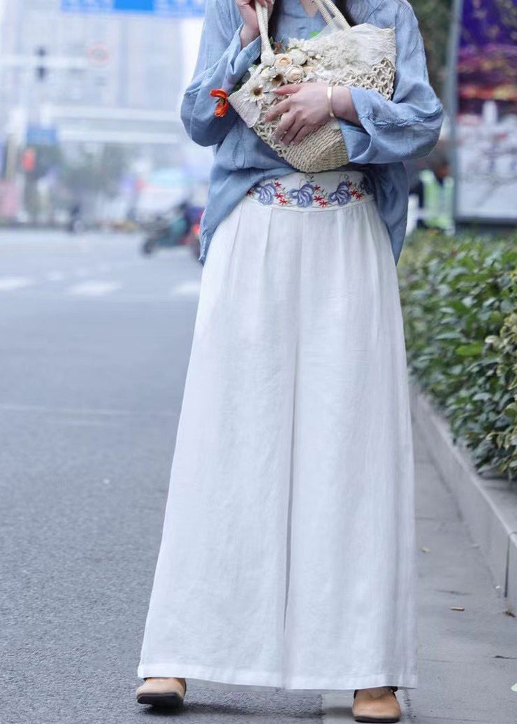 Casual White wrinkled Embroideried Linen wide leg Pants Spring