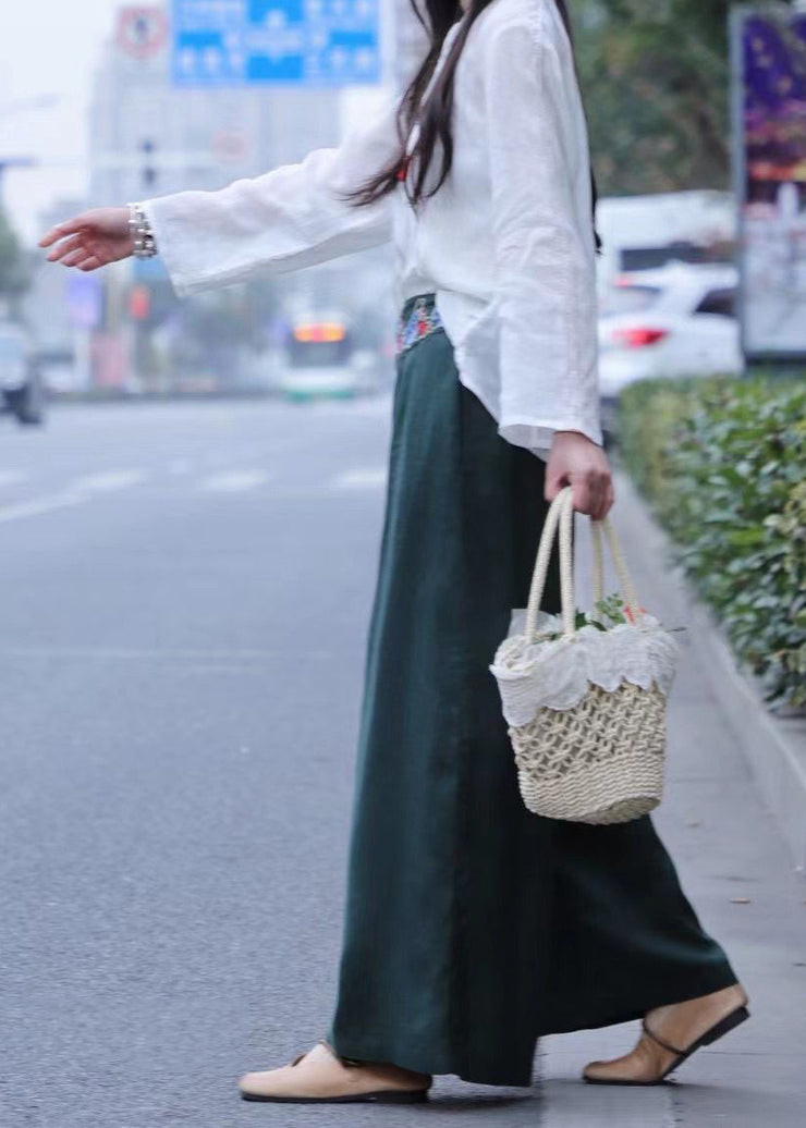 Casual White wrinkled Embroideried Linen wide leg Pants Spring