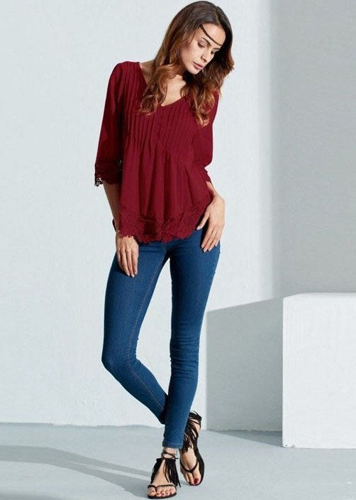 Casual Women V-Neck Pleated Lace Patchwork Three Quarter Sleeve Blouse