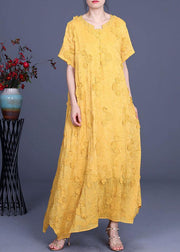 Casual Yellow 3D Floral Summer Linen Dress - bagstylebliss