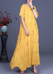 Casual Yellow 3D Floral Summer Linen Dress - bagstylebliss