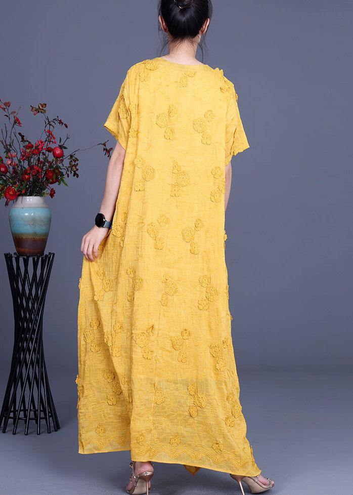 Casual Yellow 3D Floral Summer Linen Dress - bagstylebliss