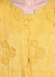 Casual Yellow 3D Floral Summer Linen Dress - bagstylebliss