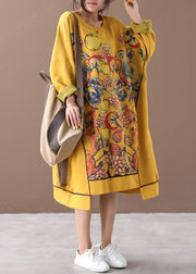 Casual Yellow Asymmetrical Print Cotton Loose Sweatshirt dress Winter