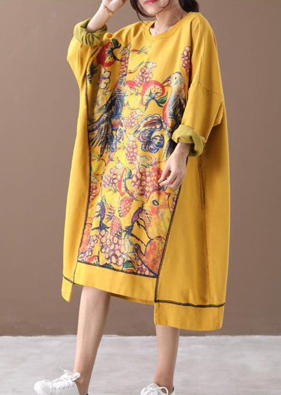 Casual Yellow Asymmetrical Print Cotton Loose Sweatshirt dress Winter