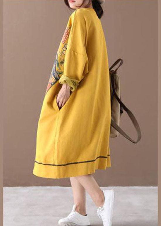 Casual Yellow Asymmetrical Print Cotton Loose Sweatshirt dress Winter