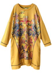 Casual Yellow Asymmetrical Print Cotton Loose Sweatshirt dress Winter