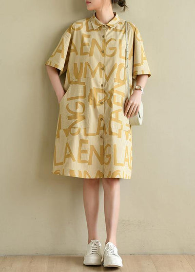 Casual Yellow Cinched Peter Pan Collar Cotton Dress Graphic Dress - bagstylebliss
