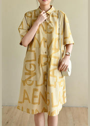 Casual Yellow Cinched Peter Pan Collar Cotton Dress Graphic Dress - bagstylebliss