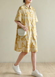 Casual Yellow Cinched Peter Pan Collar Cotton Dress Graphic Dress - bagstylebliss