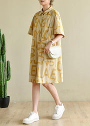 Casual Yellow Cinched Peter Pan Collar Cotton Dress Graphic Dress - bagstylebliss